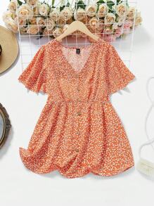 SHEIN LUNE Plus Size Ditsy Floral Print V-Neck Ruffle Sleeve Blouse - Orange - View 1