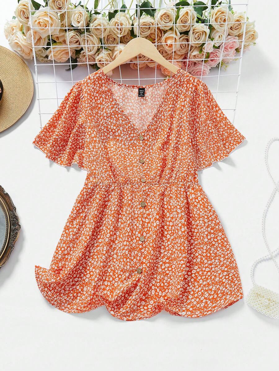 SHEIN LUNE Plus Size Ditsy Floral Print V-Neck Ruffle Sleeve Blouse - Orange - View 1