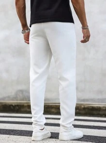 Manfinity Homme 男士修身长裤，纯色长款度假白色休闲裤锥形裤，适合送给丈夫、男朋友的礼物，秋季 - 白色 - 查看 2