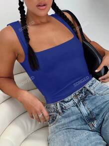 Ladies' Plain Double-Layer Pleated Square Collar Versatile Tank Top, Spring And Summer