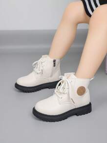 全新时尚加厚鞋底儿童靴子，中童高帮女童拉链平底休闲公主短靴鞋 - 米色 - 查看 3