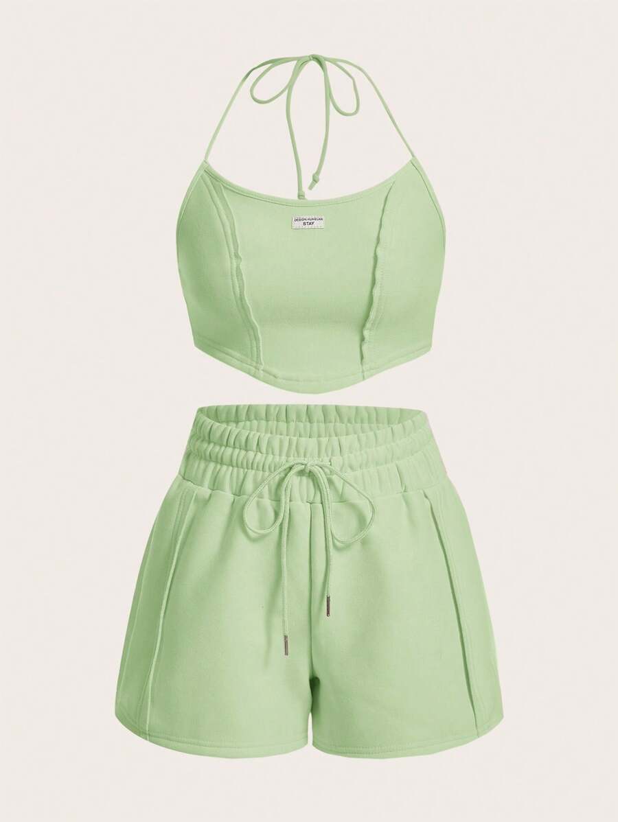Muchica 女性彈性針織純色抹胸上衣和短褲組2件套裝 - 薄荷綠 - 查看 1