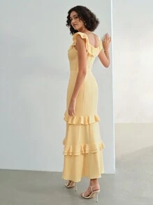 MOTF STUDIO SOLID RUFFLE TRIM LAYERED HEM BUSTIER DRESS - Yellow - View 7