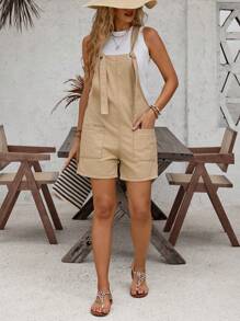 SHEIN LUNE Dual Pocket Denim Overall Without Tank Top - Khaki - View 6