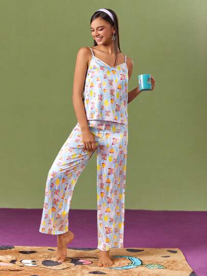 SCOOBY-DOO X SHEIN Conjunto informal para mujer de top de camisola impresa con perros y pantalones para estar en casa