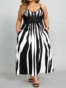 SHEIN CURVE+ Sukienka na ramiączkach plus size z ukrytą kieszenią - Czarne i Białe - Zobacz 8