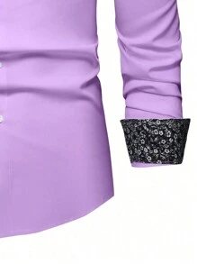 Manfinity Mode Loose Fit Men's Floral Print Button Up Shirt, Purple Men Dress Shirt, Light Purple Shirt , Fall, Long Sleeve Top - Purple - View 6