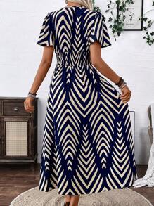 Breezaya Women's V-Neck Asymmetric Printed Tie-Dye Slit Short Sleeve Holiday Dress With Ruffled Sleeves