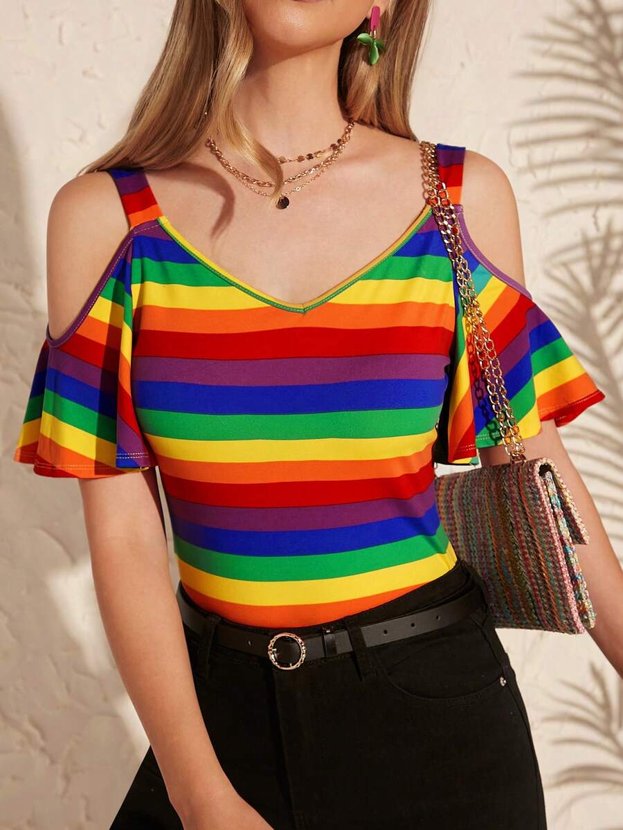 SHEIN Clasi Women's Summer Open Shoulder Slim Fit T-Shirt With Ruffle Sleeves And Rainbow Stripes - Multicolor - View 1