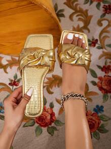 女士金色平底拖鞋，優雅休閒風格，閃亮鞋款，適合沙灘和夏季，大尺寸，時尚方頭拖鞋，女士夏季鞋履