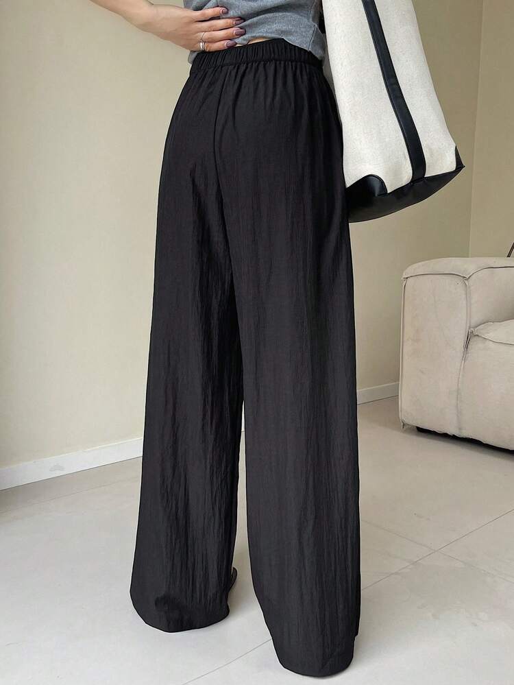 Solid Color Elastic Waist Wide-Leg Pants For Women