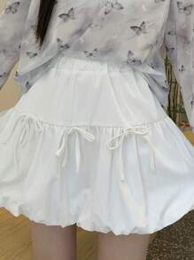 DAZY 夏季女士纯色蝴蝶结装饰松紧腰泡泡裙 - 白色 - 查看 6