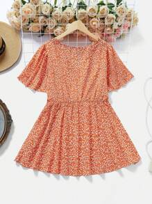 SHEIN LUNE Plus Size Ditsy Floral Print V-Neck Ruffle Sleeve Blouse - Orange - View 2