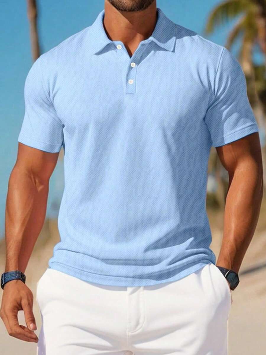 Manfinity Dauomo Camisa polo de manga corta para hombre de unicolor - Celeste - Ver 1