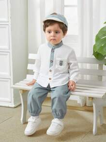 SHEIN Leap Crew Conjunto de 2 peças/conjunto de cardigan de manga comprida com gola alta e calças na altura do tornozelo para bebê menino azul e branco, roupa casual adequada para festa de aniversário, batizado, 1º aniversário, festa, apresentação, casamento