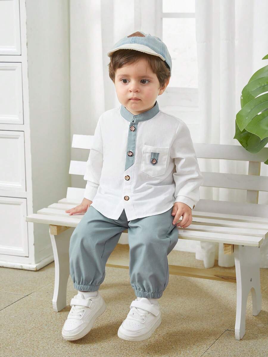 SHEIN Leap Crew Conjunto de 2 peças/conjunto de cardigan de manga comprida com gola alta e calças na altura do tornozelo para bebê menino azul e branco, roupa casual adequada para festa de aniversário, batizado, 1º aniversário, festa, apresentação, casamento