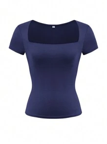 Vaiaye Women's Solid Color Knit Square Neck Sexy Slim Fit Y2K Short Sleeve T-Shirt, Spring/Summer Activewear Top, Suitable For Valentine's Day