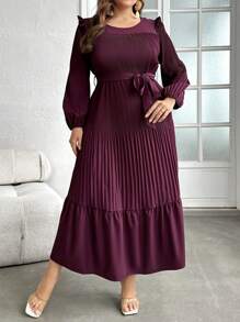 Al Najma Plus Lantern Sleeve Ruffle Hem Belted Pleated Dress - Red Violet - View 6