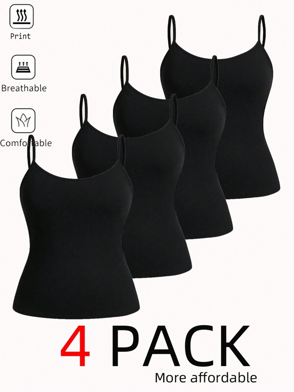 SHEIN Essnce Plus Size Women's Fashion Back To School Clothes Fall Clothes Black Top Fall Tops Casual Commuting Autumn Solid Color Black Inner Base And Outer Camisole 4-Piece Set Vest