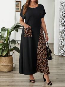 EMERY ROSE Plus Contrast Leopard Print Patch Pocket Short Sleeve Summer Dress Summer Outfits Casual Women Dresses Dress,Spring - Black - View 1