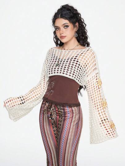 Hippie Strickpullover mit offener Masche und Drop-Shoulder