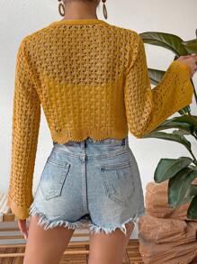 Breezaya Tie Front Crop Long Sleeve Cardigan - Mustard Yellow - View 2