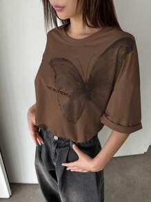 DAZY Butterfly & Slogan Graphic Drop Shoulder Tee THE BUTTERFLY Oversized T-Shirt Preppy Tops - Coffee Brown - View 3