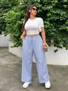 SHEIN EZwear 女士加大碼寬鬆夏季藍白直條紋長褲，休閒款式 - 寶藍色 - 查看 5