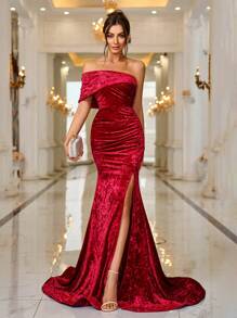 天鹅绒不对称领口美人鱼舞会礼服（带拖尾），春夏 - 酒紅色 - 查看 1