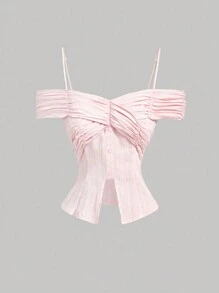SHEIN MOD 女士粉色褶皱露肩衬衫、夏季复古假日上衣、露肩衬衫、纽扣衬衫、秋季衬衫、返校装、女士衬衫