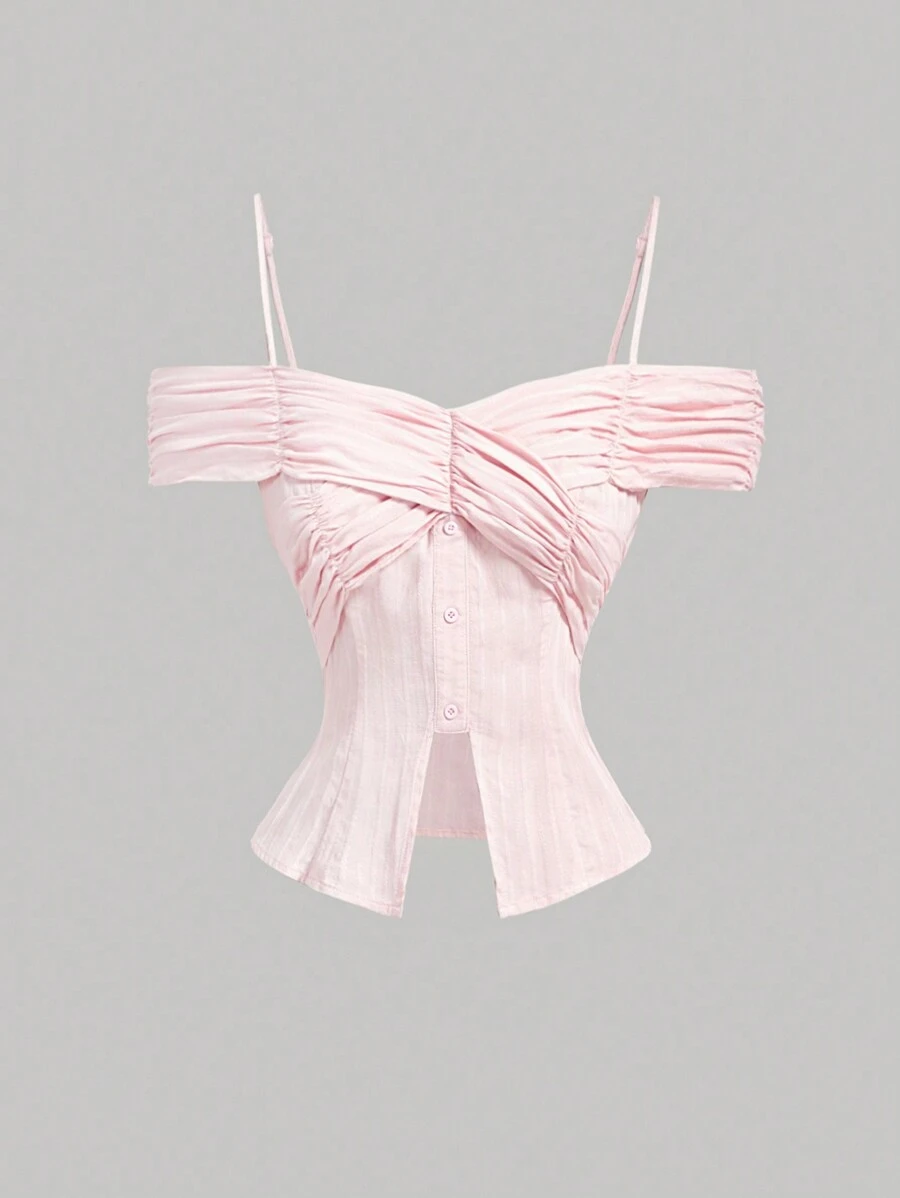 SHEIN MOD 女士粉色褶皱露肩衬衫、夏季复古假日上衣、露肩衬衫、纽扣衬衫、秋季衬衫、返校装、女士衬衫