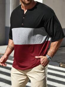 SHEIN Manfinity Homme 男士大码休闲纽扣半襟拼色短袖 T 恤，适合外出 - 彩色 - 查看 3