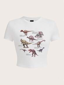 SHEIN EZwear 休閒恐龍印花白色圓領短袖修身女式截背T恤，適用於夏季
