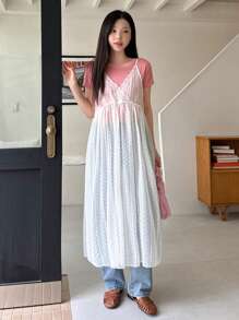 DAZY Robe de soleil transparente à bretelle, robe décontractée de femme avec bord en dentelle unie et à pois