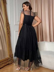 Cravure Plus Contrast Lace Ruffle Hem Mesh Dress Maxi Women Outfit Wedding - Black - View 2
