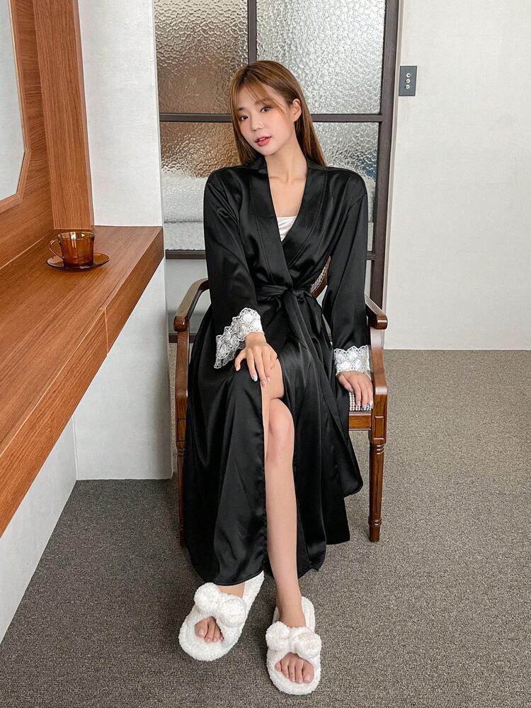 Satin Contrast Lace Patchwork Sleepwear Gown Pajama