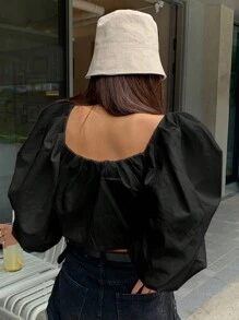 DAZY Áo trễ vai nữ tay phồng trễ vai - màu đen - Xem 2