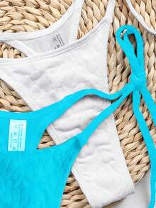 SHEIN Swim 綁帶側面純色夏季比基尼底褲 - 藍白色 - 查看 4