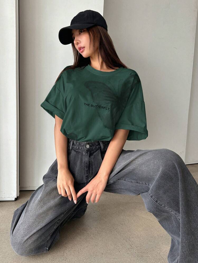 Slogan & Butterfly Print Drop Shoulder Tee THE BUTTERFLY Oversized T-Shirt