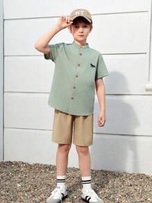 SHEIN Leap Crew Cậu bé Tween In Động vật Áo sơ mi & Quần short - Nhiều màu - Xem 4