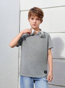 SHEIN Áo thun ngắn tay có mũ, in chữ, dành cho bé trai tuổi teen, kiểu dáng thể thao thường ngày, thích hợp cho mùa hè. - Màu Xám nhạt - Xem 1