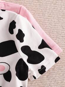 Set de pijama de verano para bebé niña, 4 piezas de ajuste cómodo, bonito patrón de vaca, camiseta y pantalones cortos de manga corta tejidos para el hogar - Rosa Pálido - Ver 4