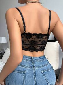 SHEIN Floral Lace Scallop Trim Bralette, Lingerie - Black - View 2