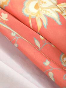 DAZY Luxurious Satin Floral Printed Lapel Belted Robe Pajama - Red - View 7