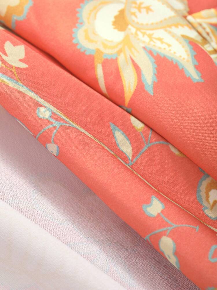 Luxurious Satin Floral Printed Lapel Belted Robe Pajama