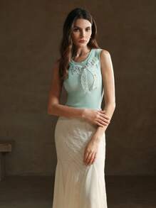 Anewsta Handmade Rhinestone Butterfly Decorated Knit T-Shirt, Women's Knit Tank Top - Blue - View 7