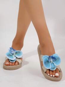 夏季女士户外平底碎花拖鞋，2024新款韩版时尚学生沙滩鞋，ins潮流 - 米色 - 查看 1