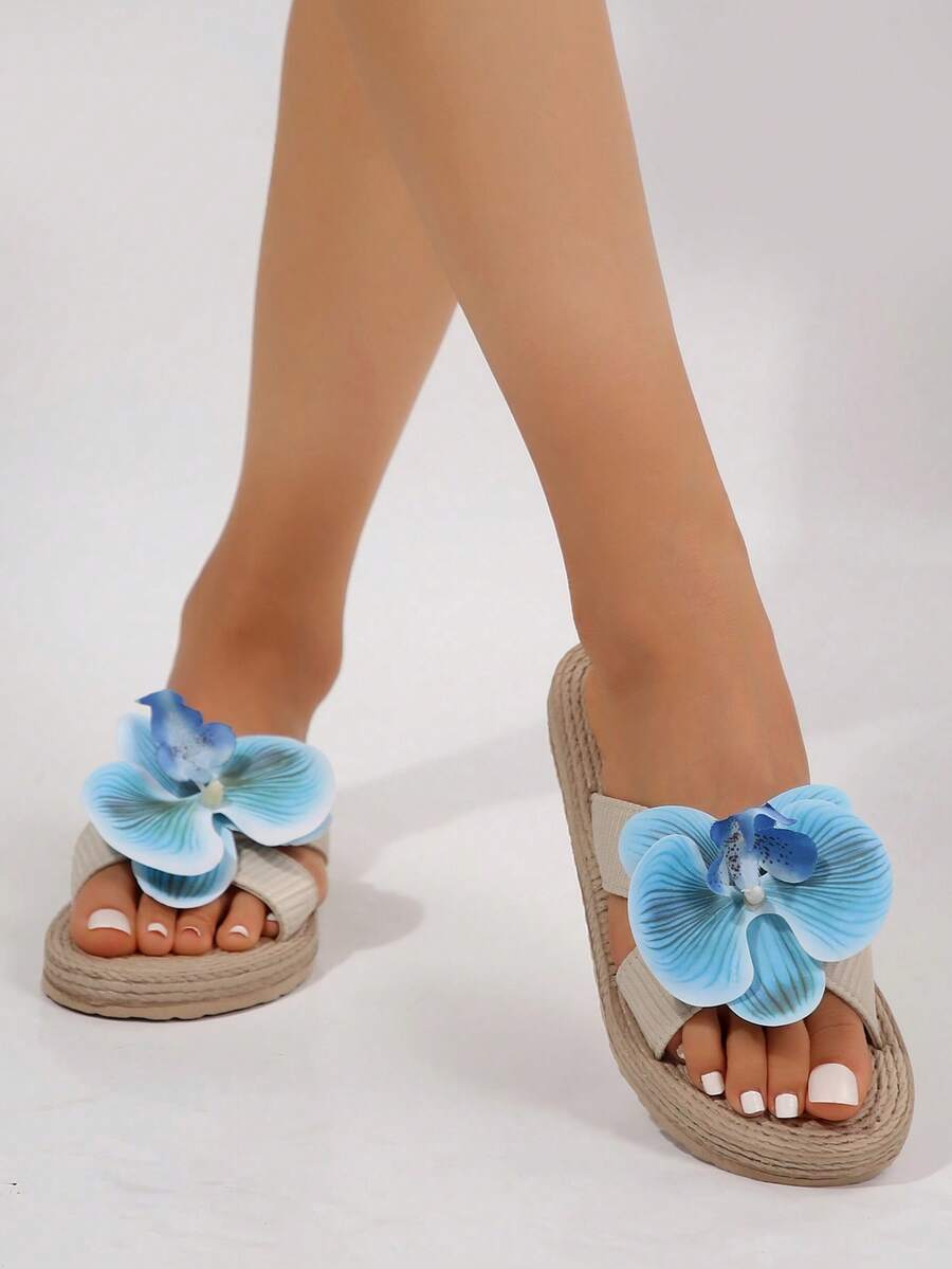 夏季女士户外平底碎花拖鞋，2024新款韩版时尚学生沙滩鞋，ins潮流 - 米色 - 查看 1