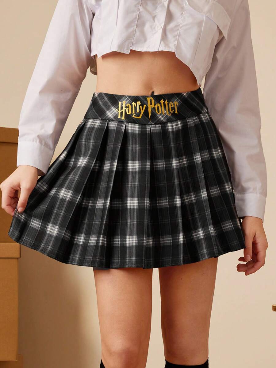 HARRY POTTER X SHEIN Falda plisada de cuadros para mujer con estampado de letras - Negro - Ver 1