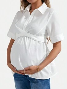 SHEIN Casual Solid Woven Short Sleeve Loose Maternity Shirt With Open Front - White - View 1